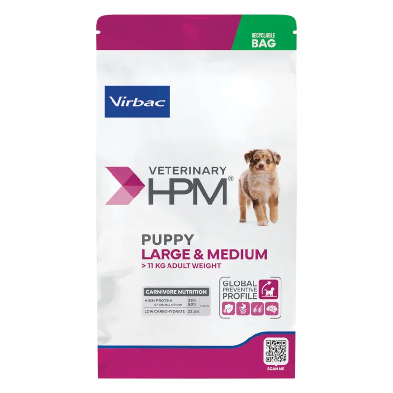 Hrană uscată Virbac Veterinary HPM Baby Large & Medium pentru pui de câine de talie medie și mare, bogată în proteine, sac de 3 kg.