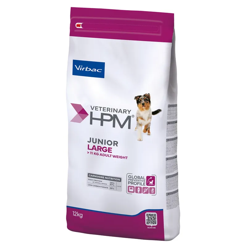 Hrană uscată Virbac Veterinary HPM Junior Special Large pentru câini tineri de talie mare, bogată în proteine, sac de 12 kg.