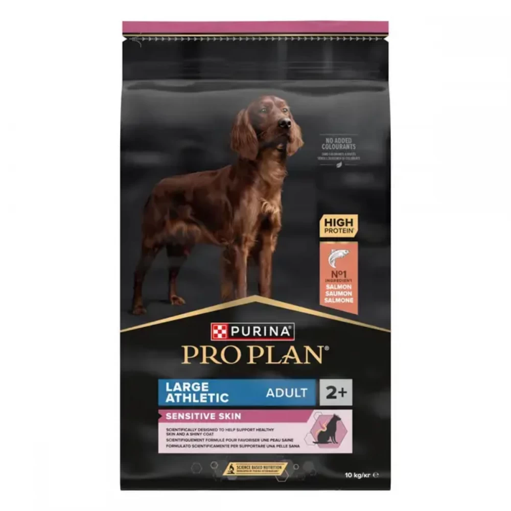 Hrană uscată Purina Pro Plan Large Athletic Adult Sensitive Skin pentru câini de talie mare cu constituție atletică și piele sensibilă, cu somon, sac de 10 kg.