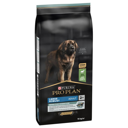 Hrană uscată Purina Pro Plan Large Robust Adult Sensitive Digestion pentru câini de talie mare cu constituție robustă și digestie sensibilă, cu miel, sac de 14 kg.