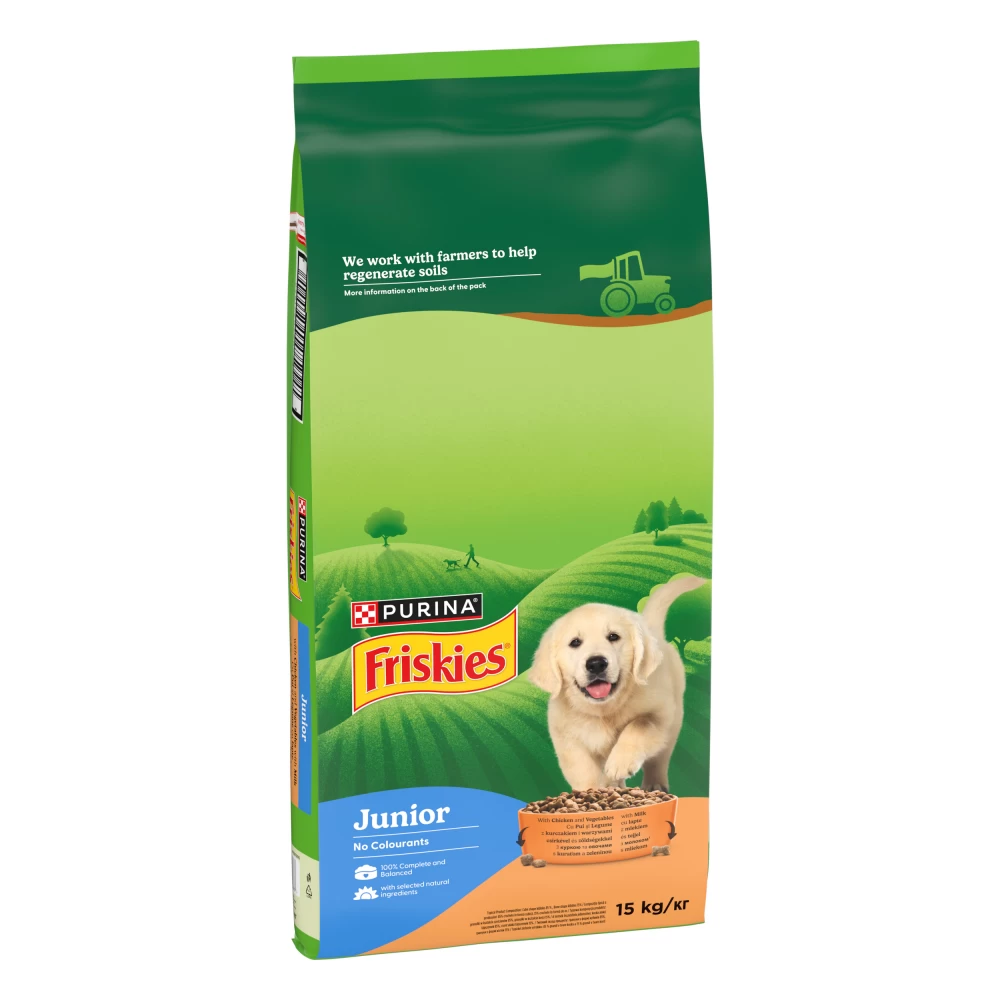 Hrană uscată Purina Friskies Junior pentru pui de câine, cu pui și legume, sac de 15 kg.