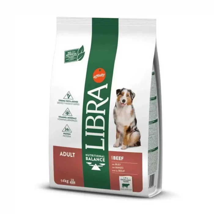 Hrană uscată Libra Dog Adult pentru câini de talie medie și mare, cu aromă de vită, sac de 14 kg.