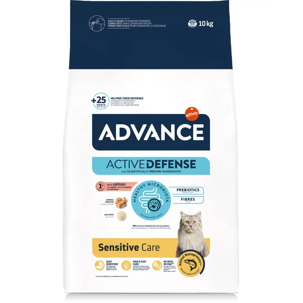 Hrană uscată Advance Sensitive cu somon și orez pentru pisici adulte cu sensibilități digestive și cutanate, sac de 10 kg.