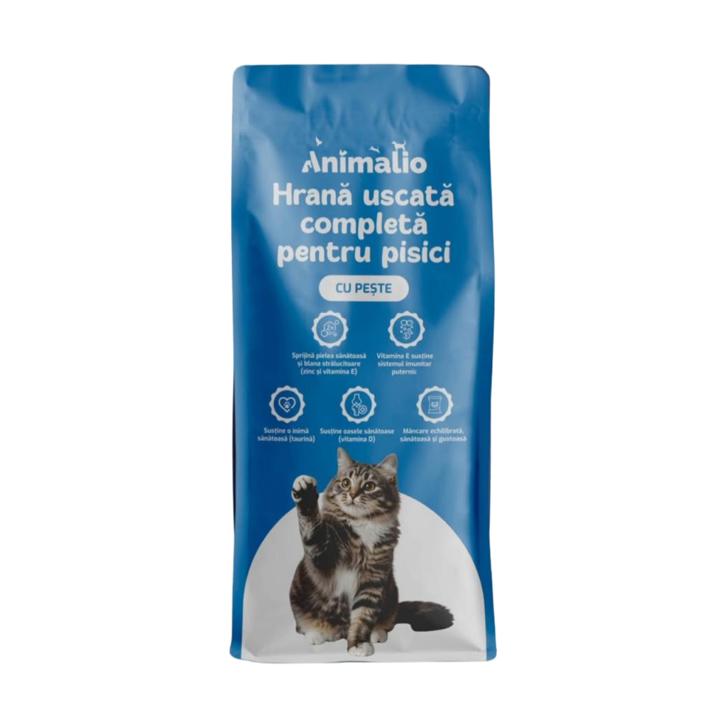 Hrană uscată Animalio Cat pentru pisici adulte, cu gust delicios de pește, sac economic de 10 kg.