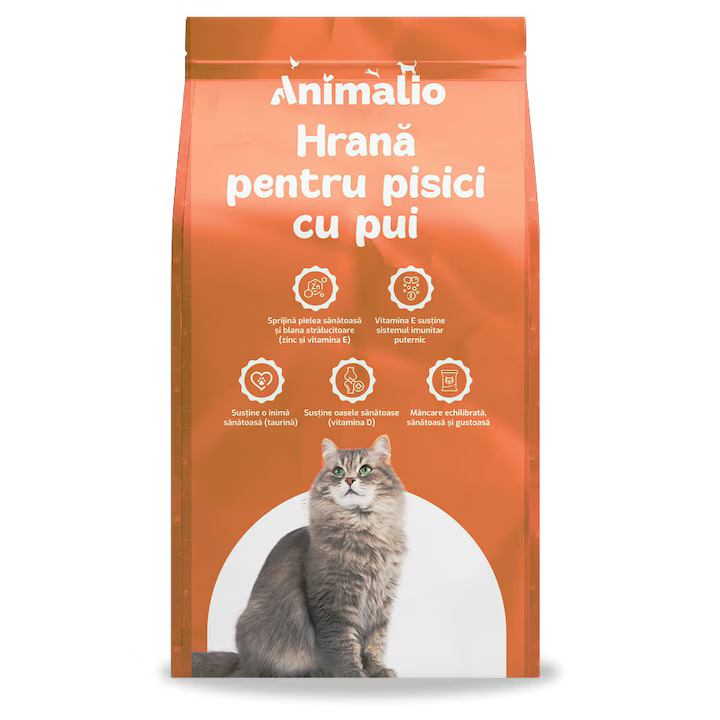 Hrană uscată Animalio Cat pentru pisici adulte, cu gust delicios de pui, sac de 10 kg.