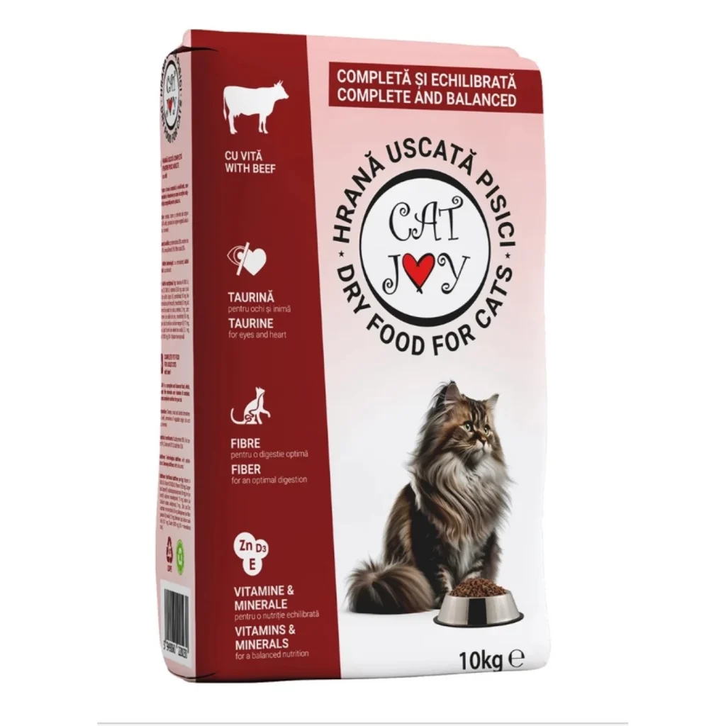 Hrană uscată Cat Joy pentru pisici adulte, cu gust intens de vită, sac de 10 kg.