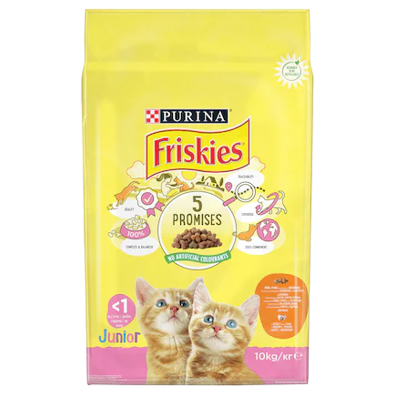Hrană uscată Purina Friskies Junior pentru pui de pisică, cu pui, legume și lapte, sac de 10 kg.