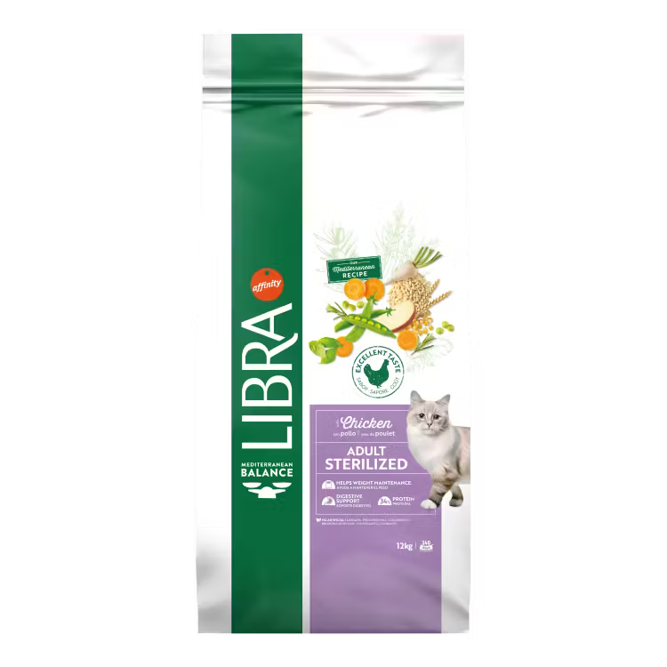 Hrană uscată Libra Cat Sterilized pentru pisici adulte sterilizate, cu gust delicios de pui, controlul greutății, sac de 12 kg.