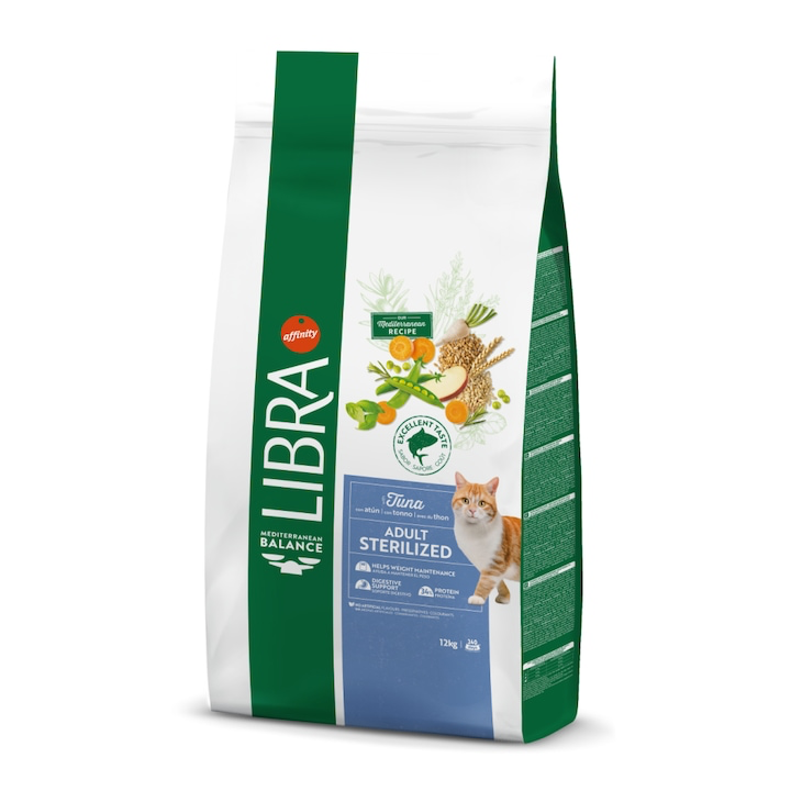 Hrană uscată Libra Cat Sterilized pentru pisici adulte sterilizate, cu gust de ton, controlul greutății, sac de 12 kg.