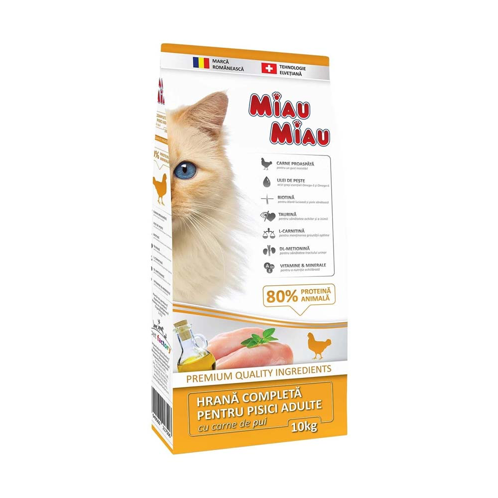 Miau Miau, hrana uscata pisici, pisici adulte, pui, digestie usoara, hrana completa pisici, taurina pisici, sanatate blana, hrana pisici 10 kg