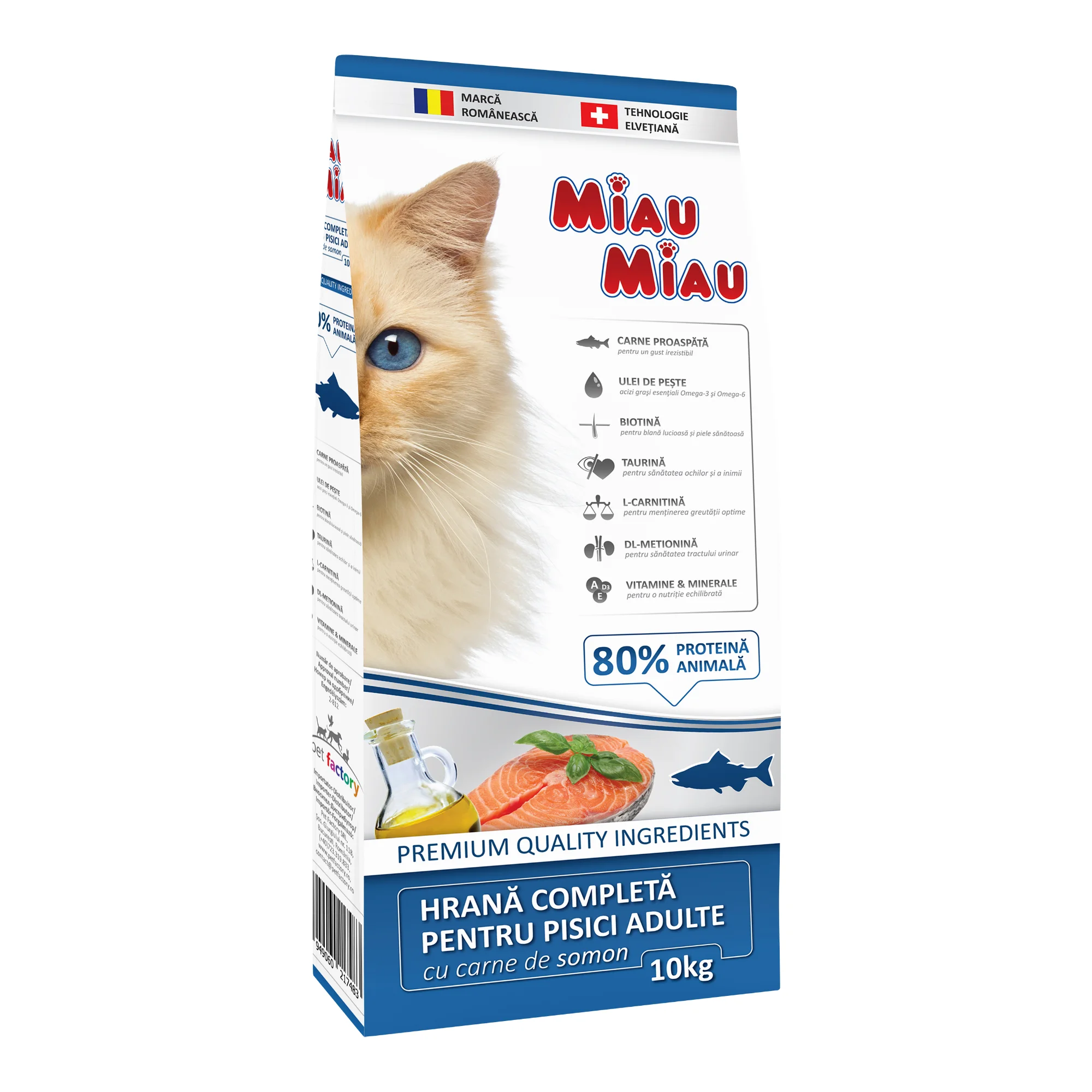 Hrană uscată Miau Miau pentru pisici adulte, cu gust de somon, sac de 10 kg.