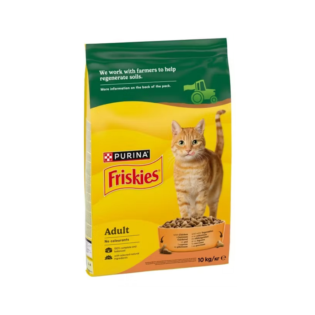 Hrană uscată Purina Friskies Adult pentru pisici adulte, cu pui și legume, sac de 10 kg.