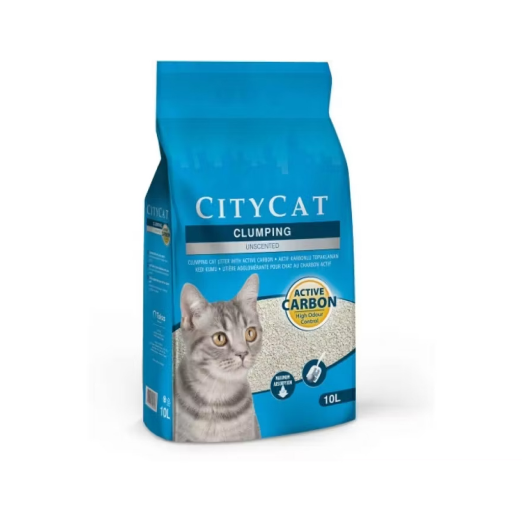 Nisip aglomerant pentru litieră City Cat Clumping cu carbon activ, pentru controlul mirosurilor, sac de 10 litri.