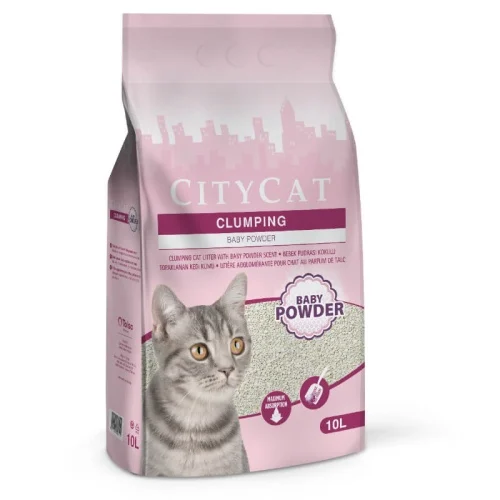 Nisip aglomerant din bentonită albă City Cat Clumping White cu parfum de pudră de bebeluși, sac de 10 litri.