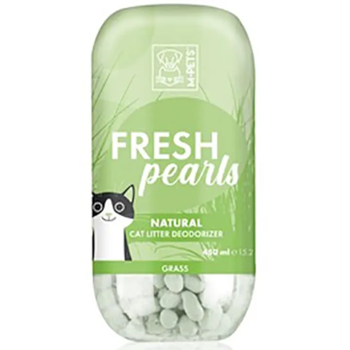 Perle odorizante M-PETS Fresh Pearls pentru litieră pisici, parfum de iarbă proaspătă, acțiune antibacteriană, flacon 450 ml.