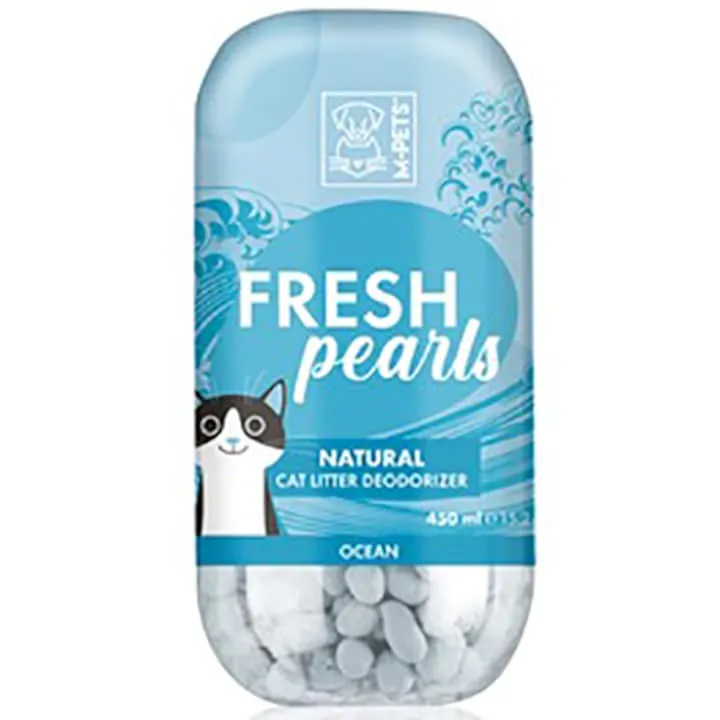 Perle odorizante M-PETS Fresh Pearls pentru litieră pisici, parfum răcoritor de ocean, acțiune antibacteriană, flacon 450 ml.
