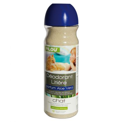 Deodorant pentru litieră Pilou, aditiv igienic cu parfum proaspăt de aloe vera pentru neutralizarea mirosurilor, flacon de 750 g.