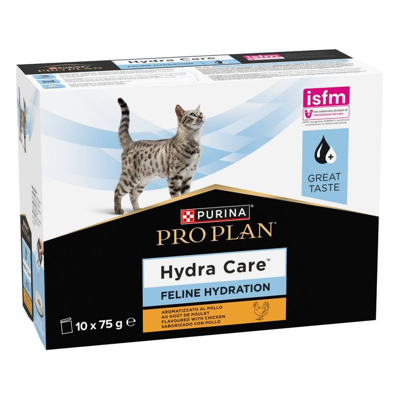 Supliment lichid Purina Pro Plan Hydra Care pentru hidratarea pisicilor, pachet cu 10 plicuri a câte 75 g.