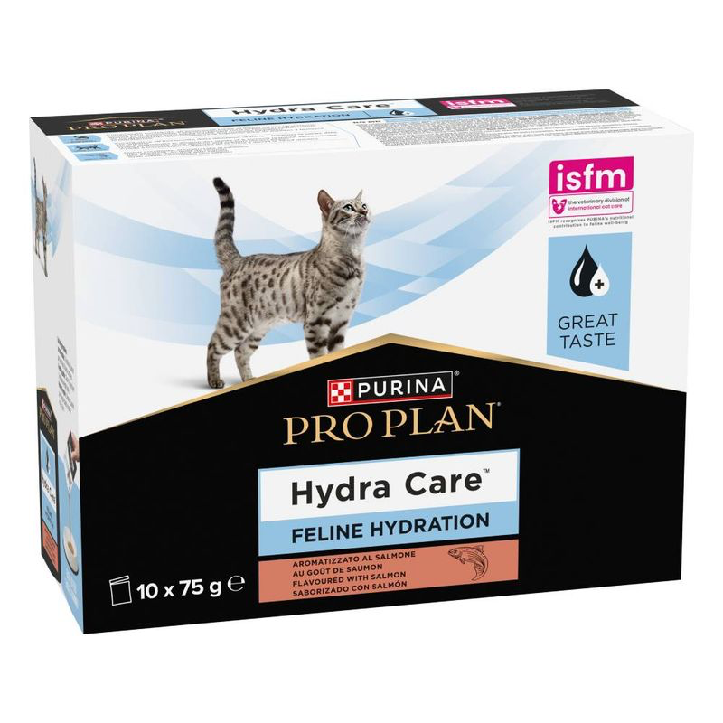 Supliment lichid Purina Pro Plan Hydra Care cu somon pentru hidratarea pisicilor, pachet cu 10 plicuri a câte 75 g.