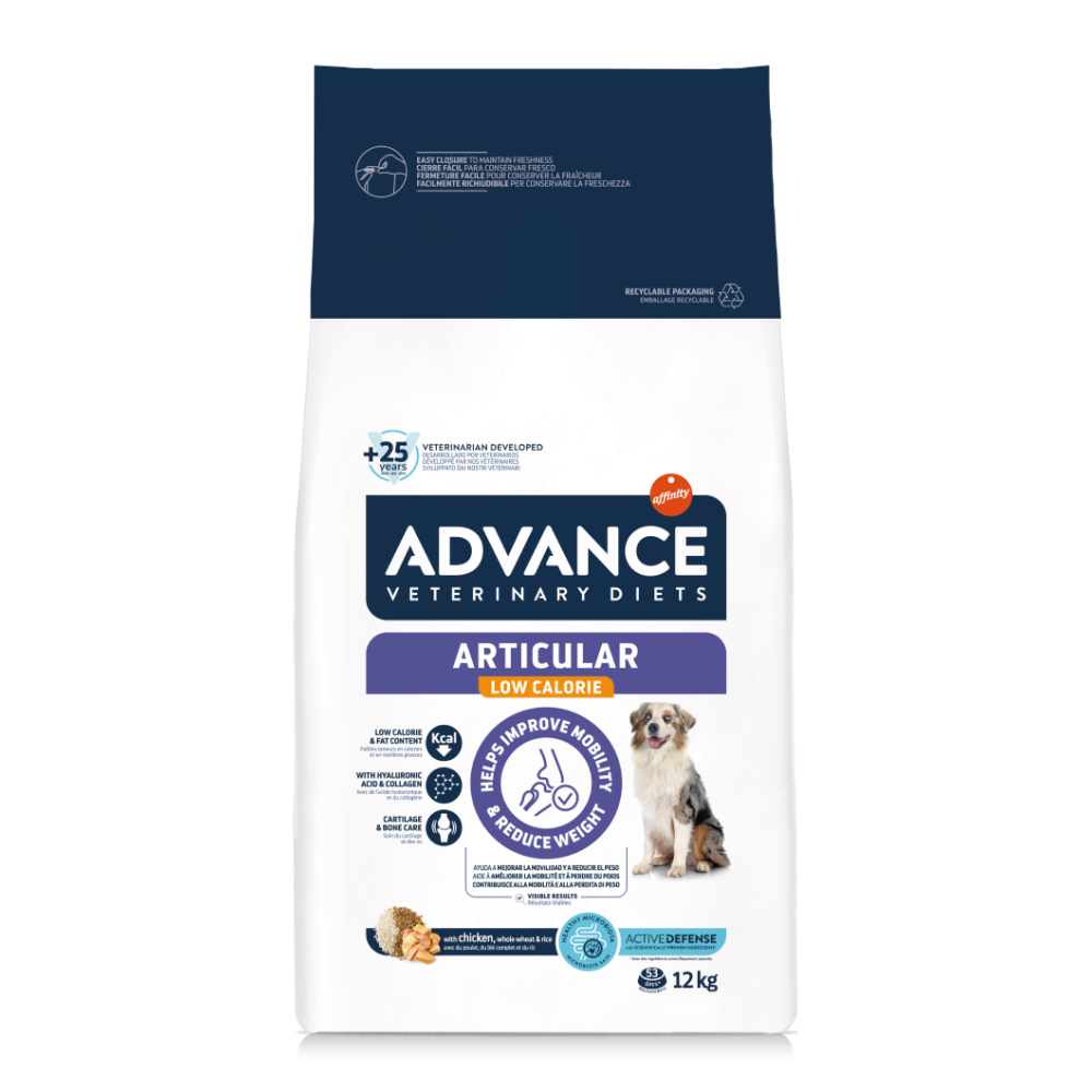 Sac de 12 kg de hrană uscată dietetică veterinară Advance Veterinary Diets Articular Low Calorie pentru câini.
