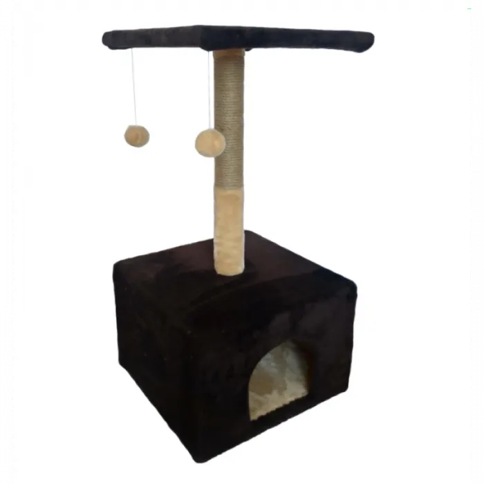 Ansamblu de joacă pentru pisici tip turn cu platformă căsuță și ciucuri bej 50x35x38 cm.