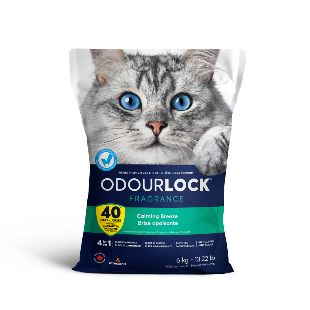 Sac 6 kg așternut igienic premium Intersand OdourLock Calming Breeze pentru pisici, cu controlul mirosurilor timp de 40 de zile.