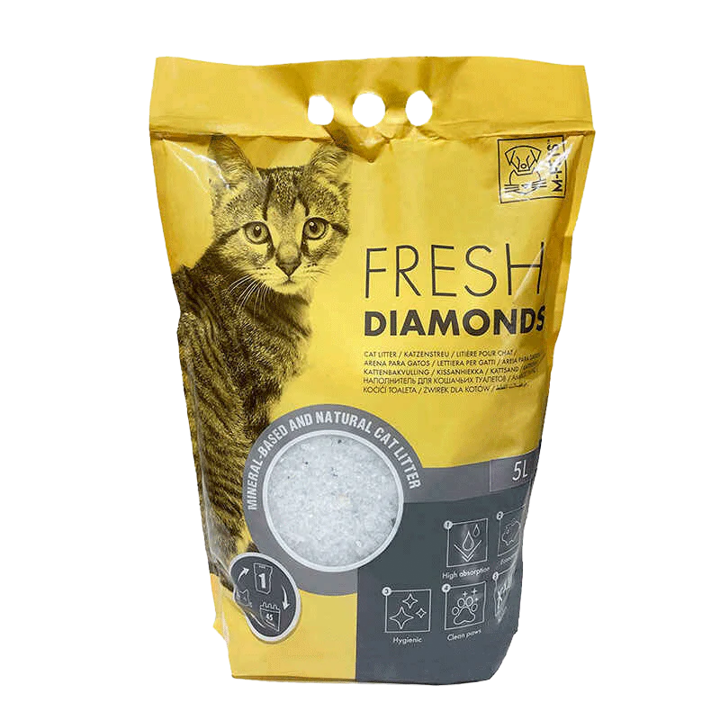 Pungă 5 litri așternut igienic silicatic Fresh Diamonds Natural pentru pisici, cu putere mare de absorbție și control natural al mirosurilor.