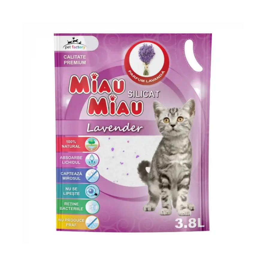 Pungă 3.8 litri așternut igienic silicatic Miau Miau cu aromă de lavandă pentru litiera pisicilor.