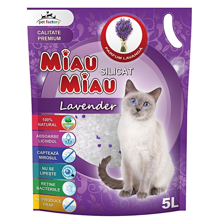 Pungă 5 litri așternut igienic silicatic Miau Miau cu aromă de lavandă pentru litiera pisicilor.