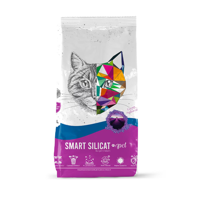 Pungă 5 litri așternut igienic silicatic Smart Silicat 4Pet cu aromă de lavandă pentru pisici.