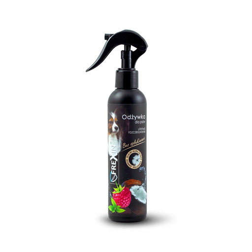 Balsam spray fără clătire pentru câini Frexin cu cocos și zmeură, flacon de 170 g, pentru descurcare rapidă.