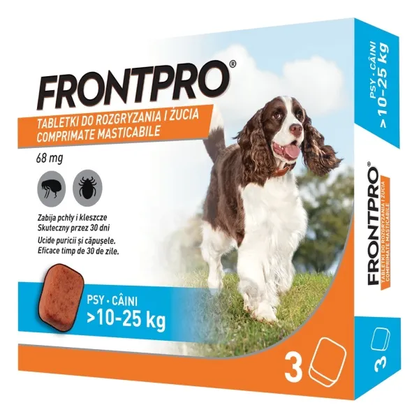Cutie cu 3 comprimate masticabile antiparazitare Frontpro L pentru câini de 10-25 kg.