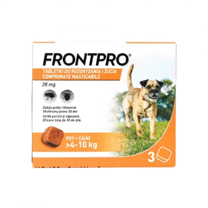 Cutie cu 3 comprimate masticabile antiparazitare Frontpro M pentru câini de 4-10 kg.