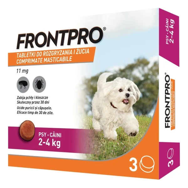 Cutie cu 3 comprimate masticabile antiparazitare Frontpro S pentru câini de 2-4 kg.