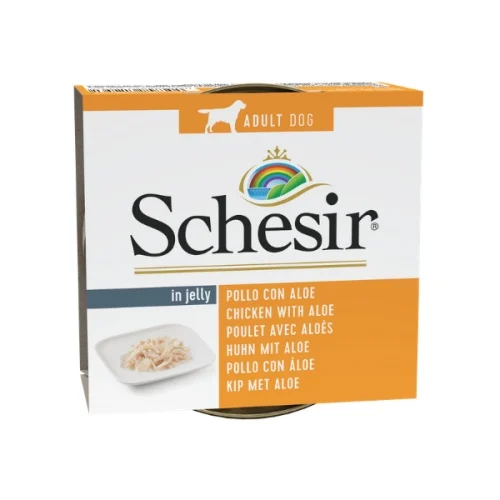 Conservă cu hrană umedă Schesir pentru câini, cu file de pui și aloe vera, 150 g, ingrediente 100% naturale, gătite la abur.