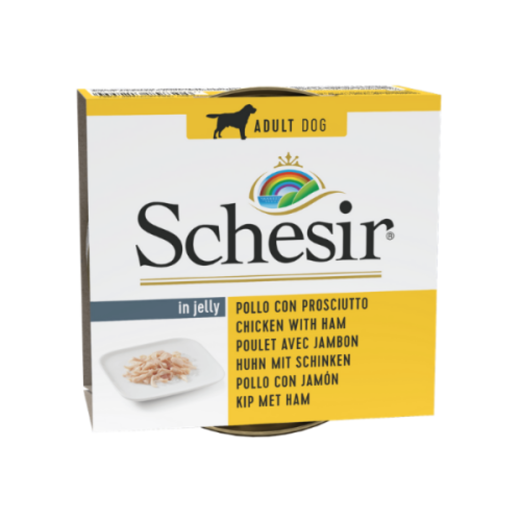 Conservă cu hrană umedă Schesir pentru câini, cu file de pui și jambon, 150 g, ingrediente 100% naturale, gătite la abur.