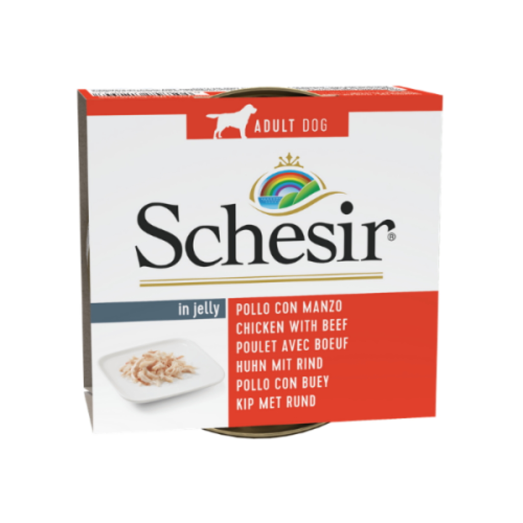 Conservă cu hrană umedă Schesir pentru câini, cu file de pui și vită, 150 g, ingrediente 100% naturale, gătite la abur.