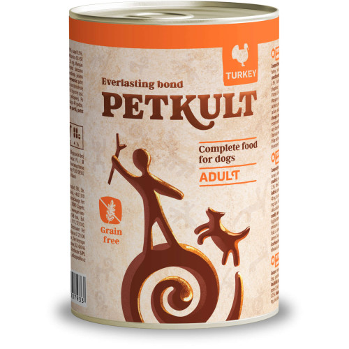Conservă hrană umedă pentru câini Petkult Adult cu curcan, cutie de 400 g.