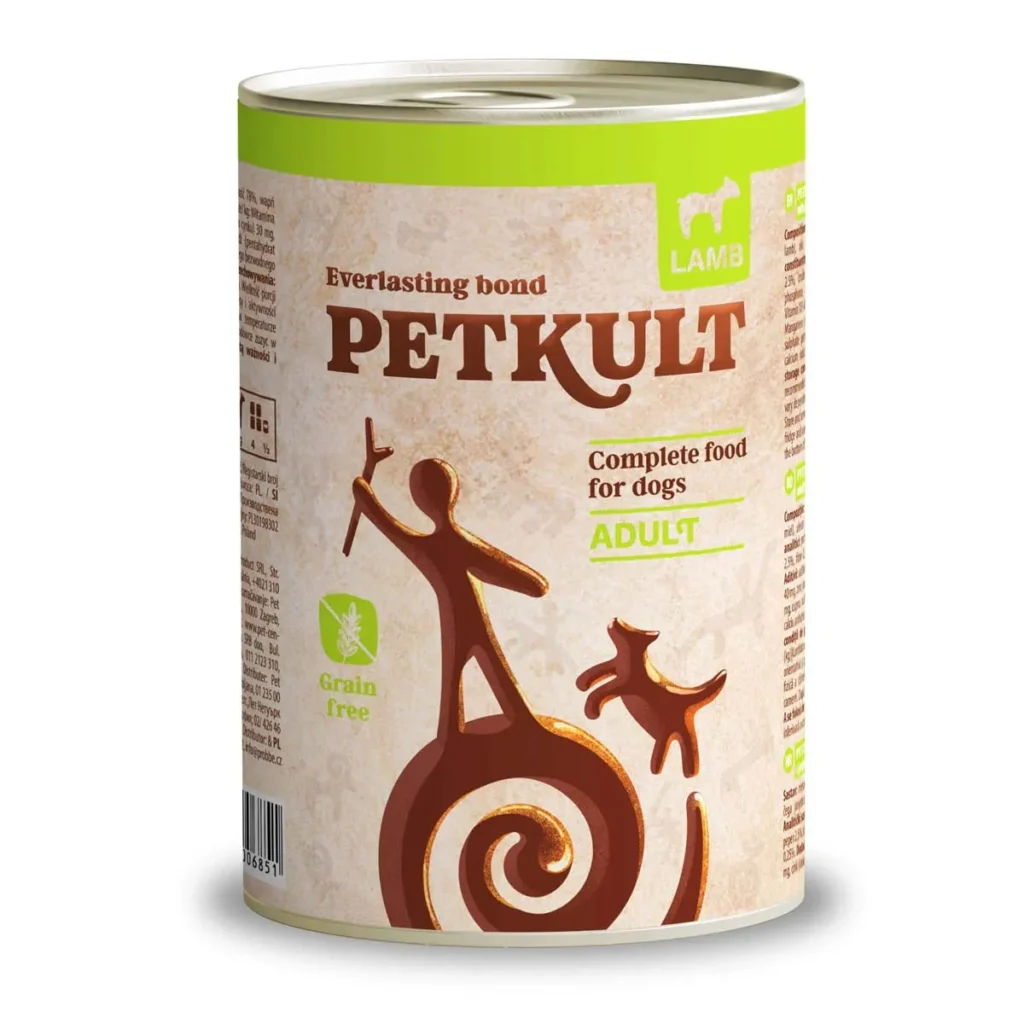 Conservă hrană umedă pentru câini Petkult Grain Free Adult cu miel, cutie de 400 g, fără cereale.