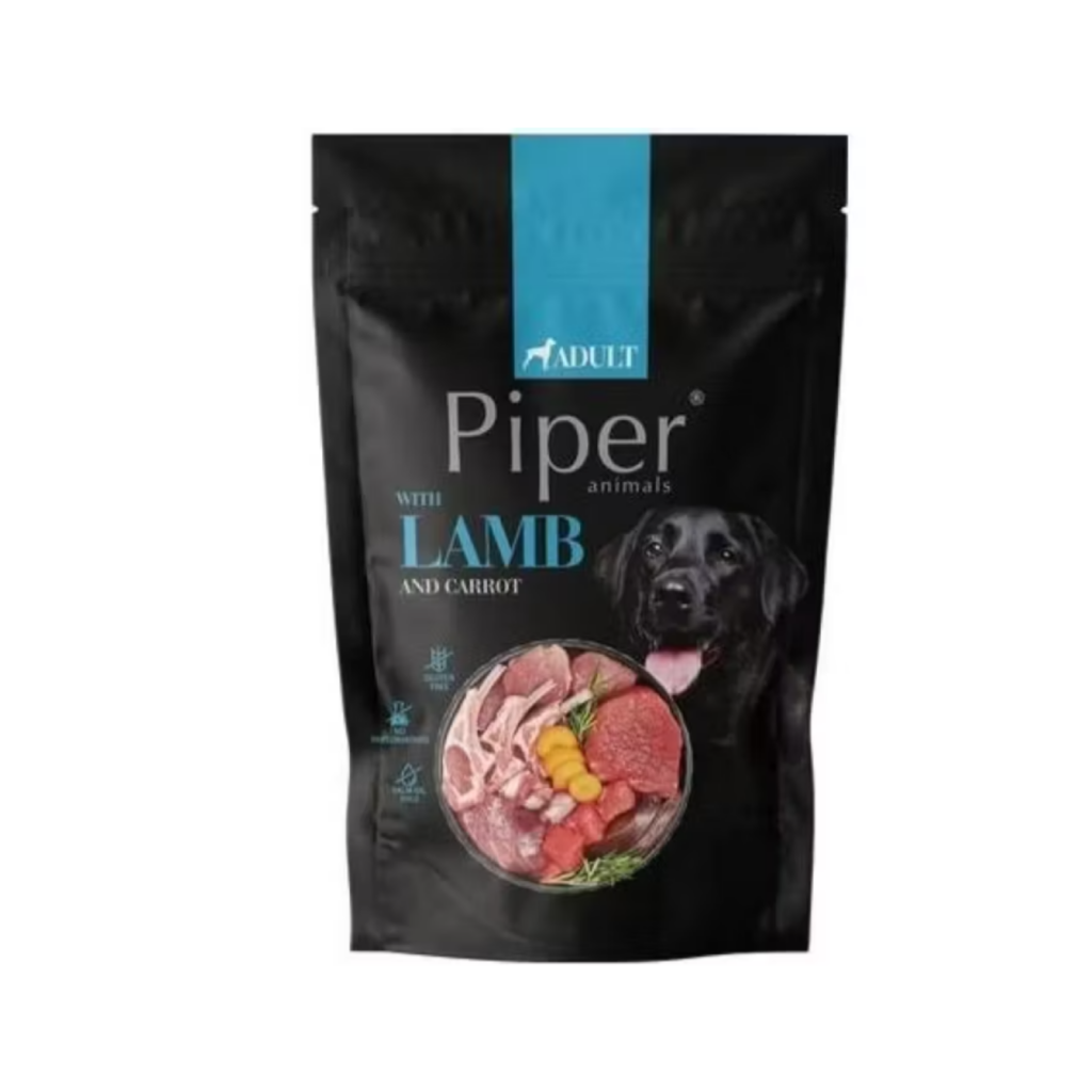 Conservă hrană umedă pentru câini Dolina Notatki Piper Adult cu miel, morcovi și orez brun, cutie de 500 g.