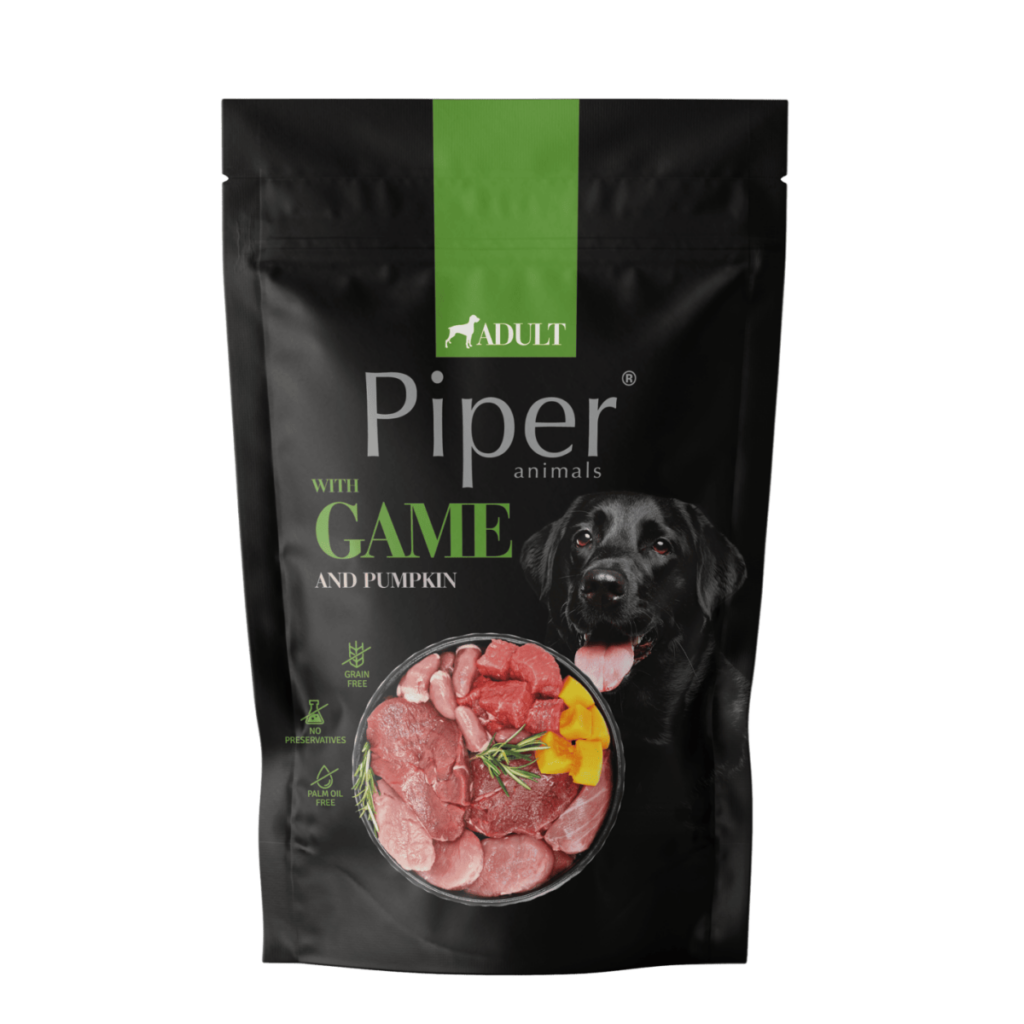 Conservă hrană umedă pentru câini Dolina Notatki Piper Adult cu vânat și dovleac, cutie de 500 g.