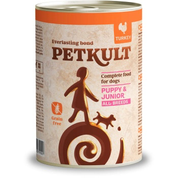 Conservă hrană umedă pentru căței Junior Petkult cu curcan, cutie de 400 g, pentru pui.