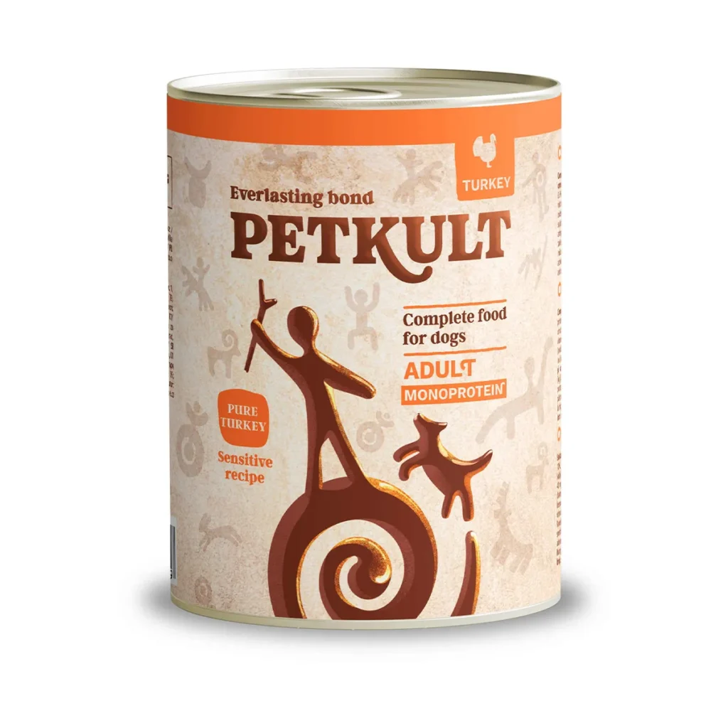 Conservă hrană umedă monoproteică pentru câini Petkult Monoprotein Sensitive curcan și cartof, cutie de 800 g.