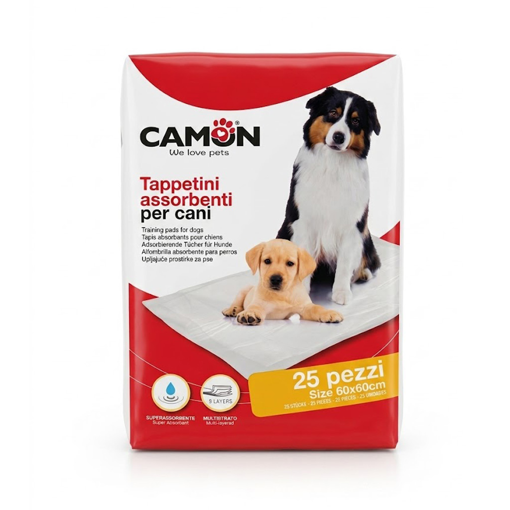 Pachet 25 covorașe absorbante pentru câini Camon, dimensiune 60 x 60 cm, cu polimeri super-absorbanți și bază impermeabilă.