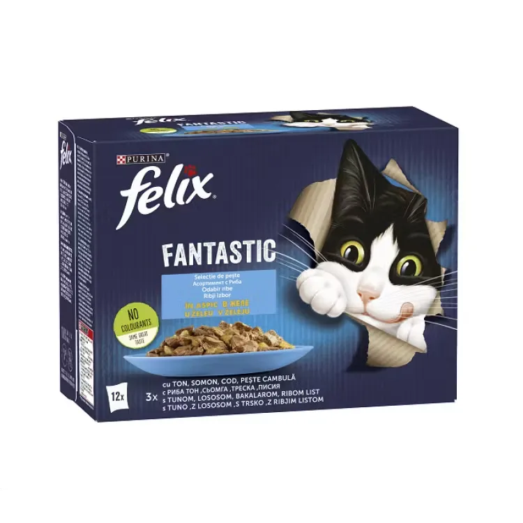 Cutie cu 12 plicuri de hrană umedă pentru pisici Felix Fantastic Asortiment de Pește în Aspic.
