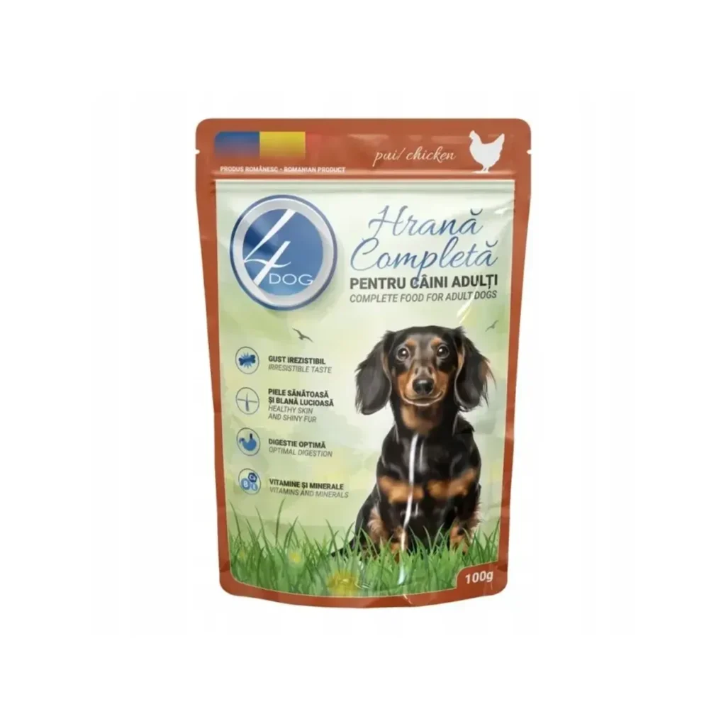 Plic de 100 g de hrană umedă pentru câini 4Dog cu pui în sos pentru orice talie XS-XL.