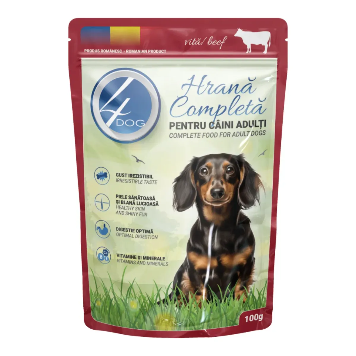 Plic de 100 g de hrană umedă pentru câini 4Dog cu vită în sos pentru orice talie XS-XL.