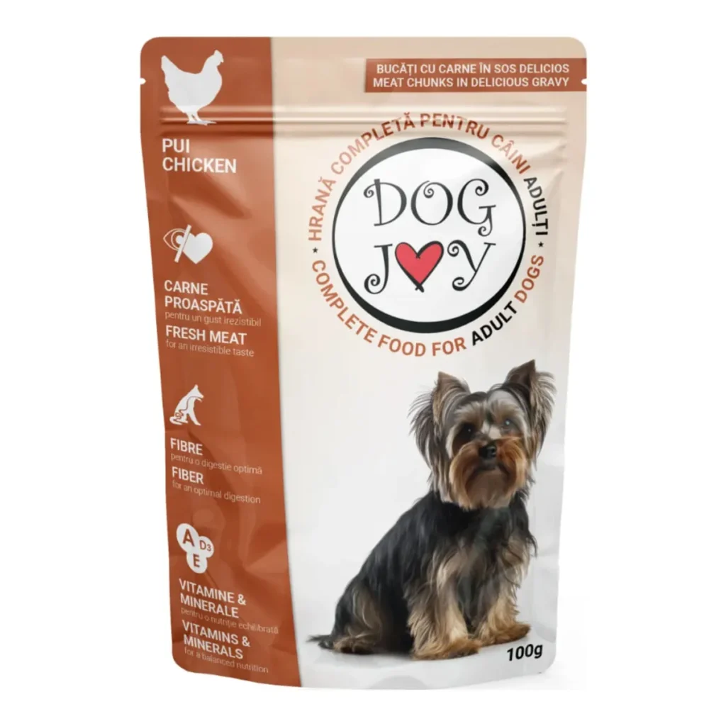 Plic de 100 g de hrană umedă pentru câini Dog Joy cu pui în sos pentru talie XS-S.