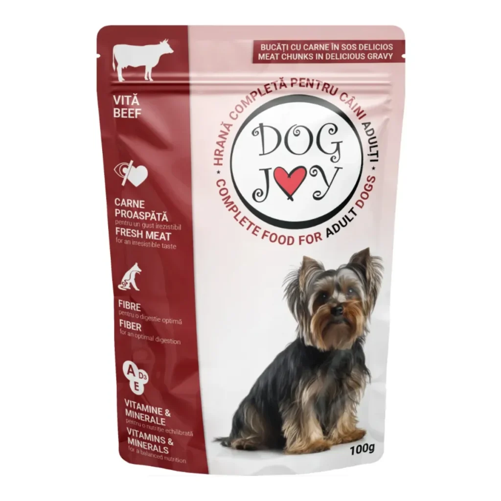 Plic de 100 g de hrană umedă pentru câini Dog Joy cu vită în sos pentru talie XS-S.