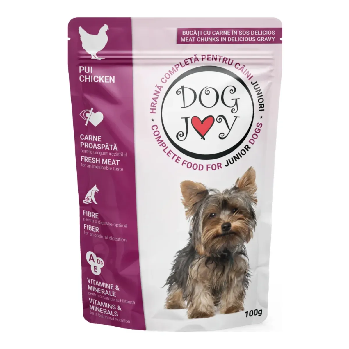 Plic de 100 g de hrană umedă pentru căței juniori Dog Joy cu pui în sos pentru talie XS-S.